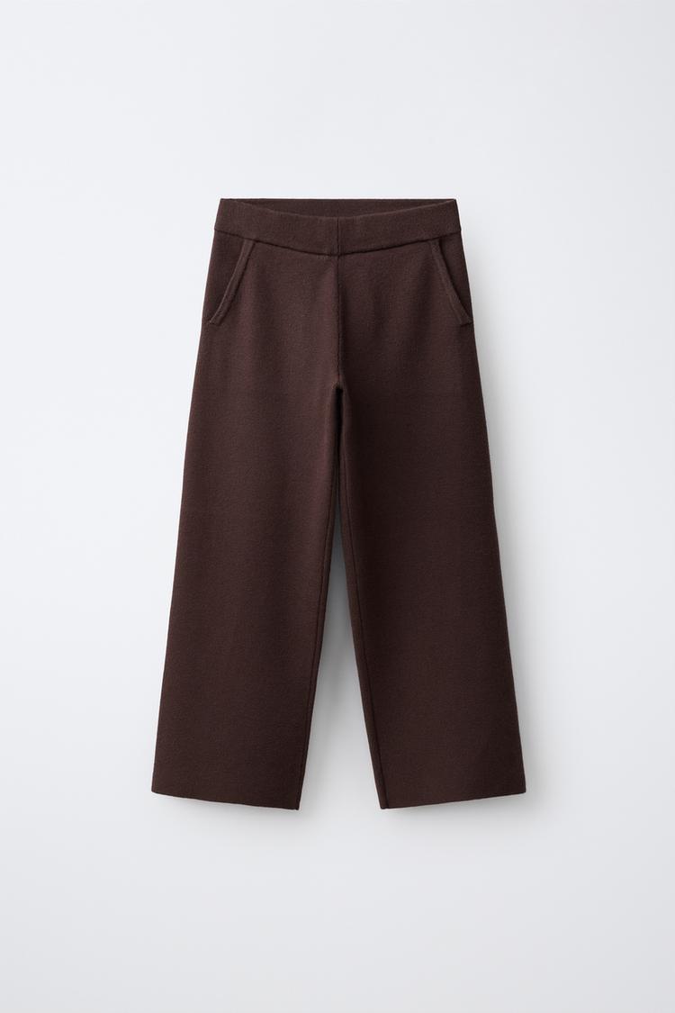 WIDE-LEG KNIT PANTS — Brown