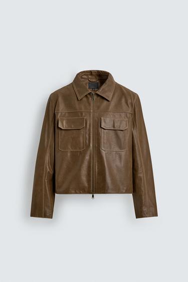 Zara TOPSTITCHED LEATHER JACKET - Taupe