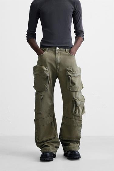 Zara DENIM CARGO PANTS WITH POCKETS - Green