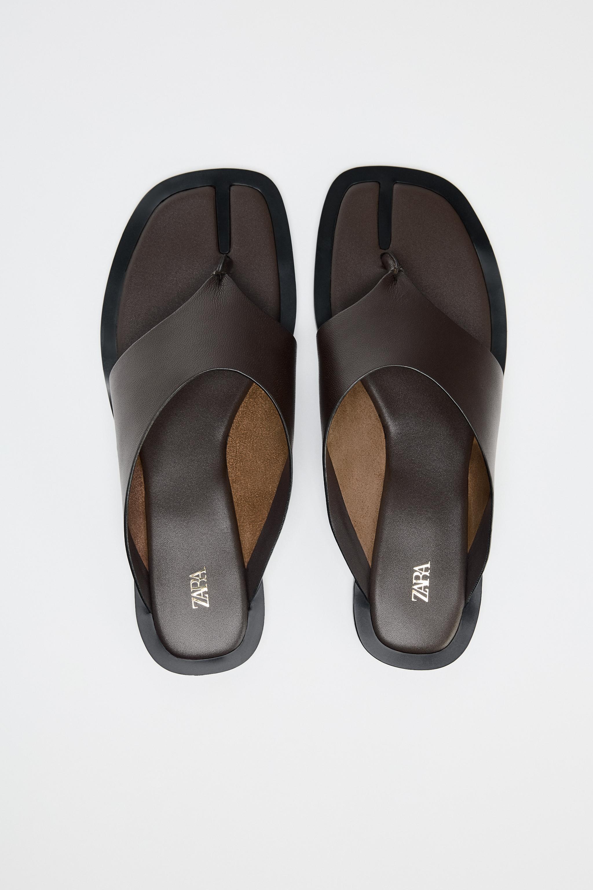 Leather Collection スライド サンダル レザー フラット フラット レザー スライドサンダル - ブラウン | ZARA Japan / 日本