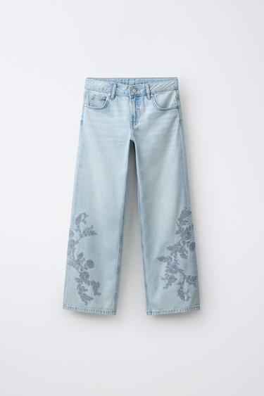 JEANS WIDE LEG MET GEBORDUURDE BLOEMEN EN STRAS - Blauw van Zara