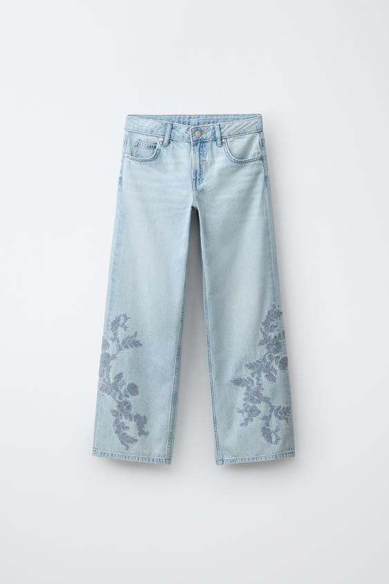 JEANS WIDE LEG FLORES BORDADAS STRASS - Azul de Zara - Imagen 0