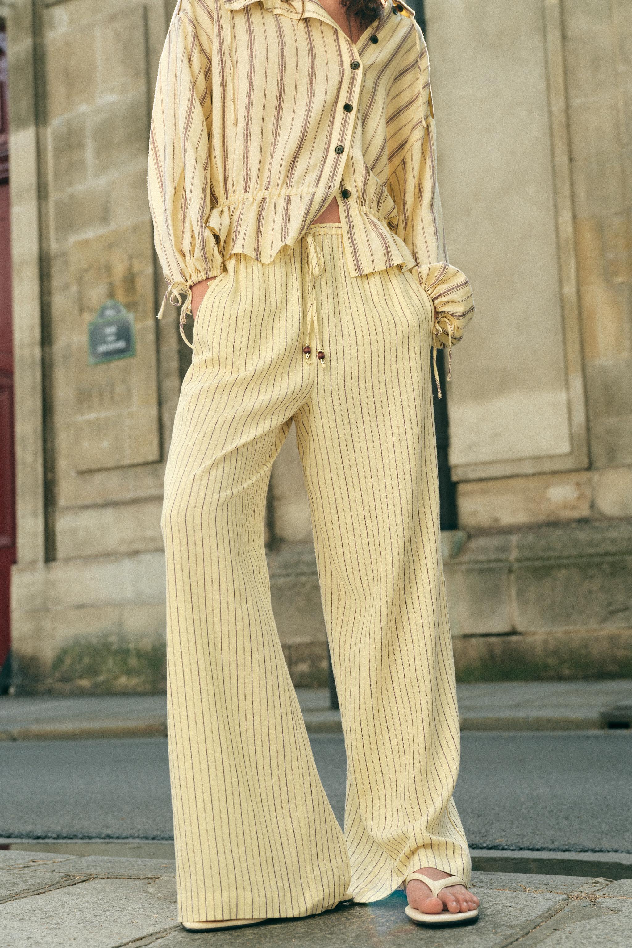 STRIPED LINEN PANTS — Yellow