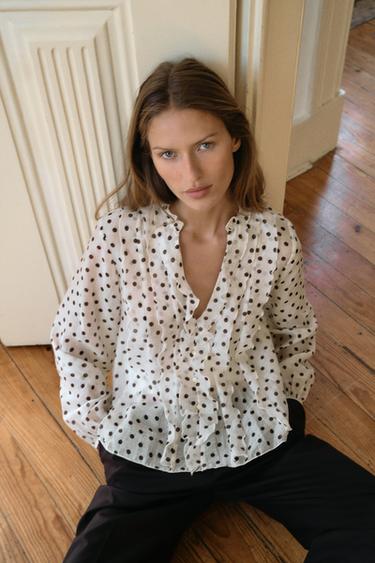 RUFFLED POLKA DOT BLOUSE - Ecru / Brown by Zara