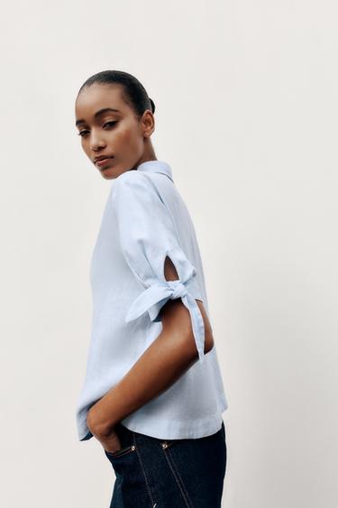 CAMISA MANGA CORTA LAZOS CON RAMIO - Azul claro de Zara