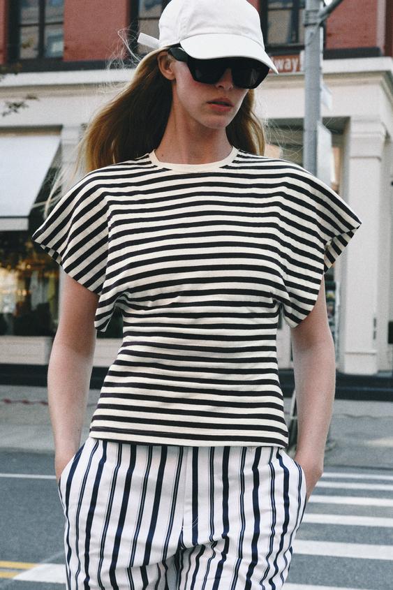 STRIPED WIDE SLEEVE T-SHIRT - Brown Stripes by Zara - Image 0