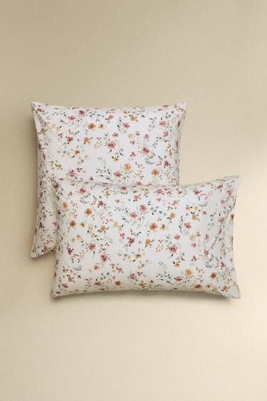 FLORAL COTTON PERCALE PILLOWCASE (200 THREAD COUNT) — Oyster-white 1