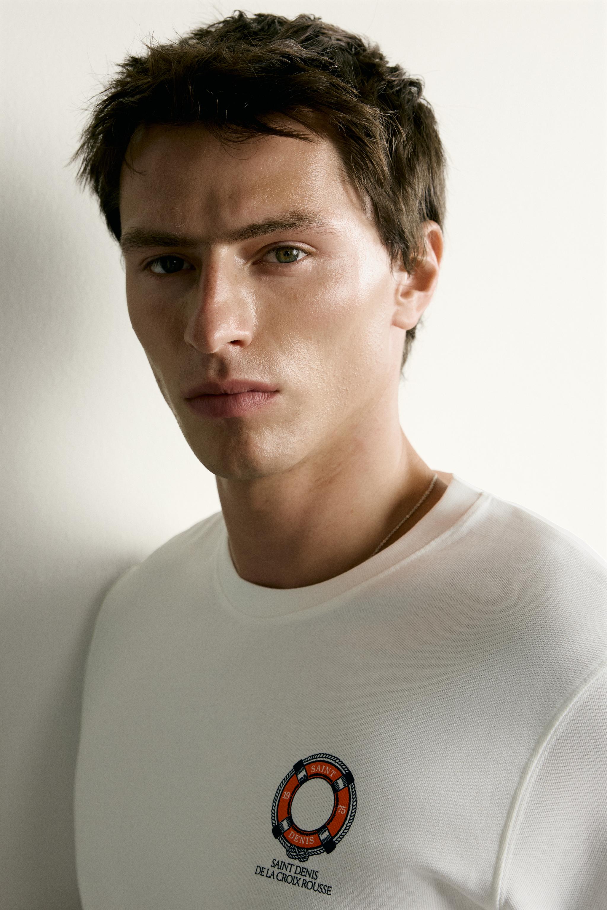 Мужские футболки Zara COMBINED EMBROIDERY REGULAR FIT T-SHIRT — фото 5