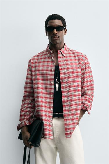 СОРОЧКА В КЛІТИНКУ З КОМІРОМ НА ҐУДЗИКАХ - Червоний Zara