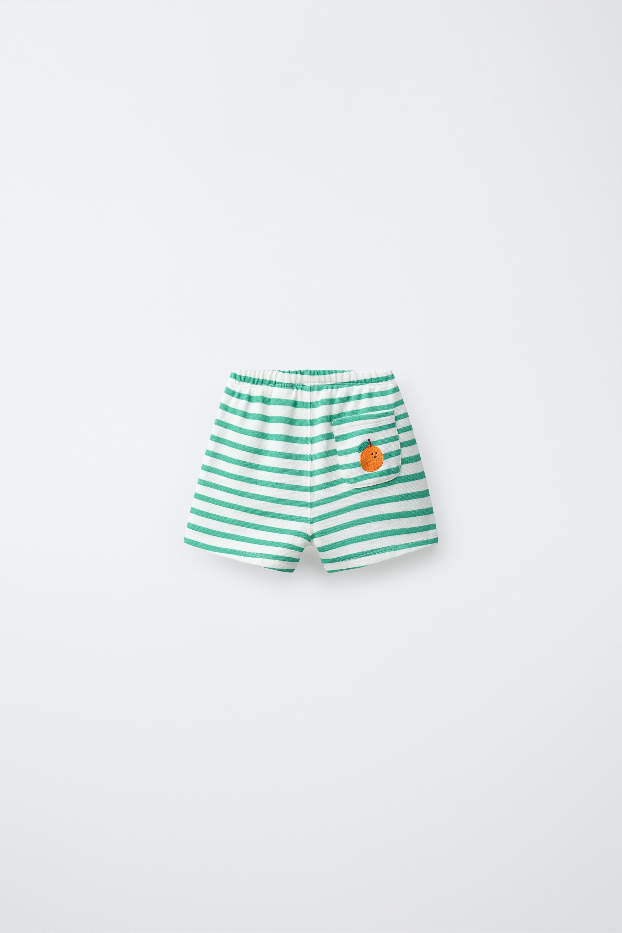 STRIPED BERMUDA SHORTS WITH EMBROIDERED MANDARIN — Green