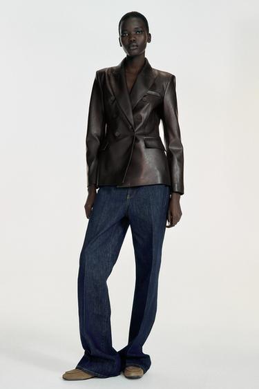 LEATHER EFFECT DOUBLE-BREASTED BLAZER - Brown by Zara - Image 0