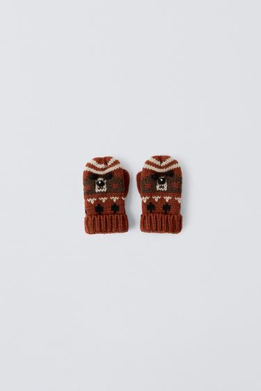 BEAR PRINT KNITTED MITTENS - Brown by Zara