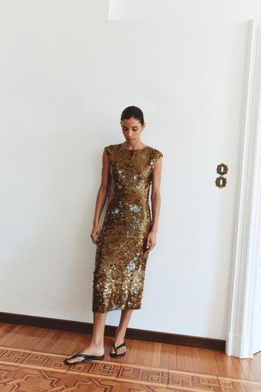 VESTIDO LENTEJUELAS ESCOTE ESPALDA - Camel medio de Zara - Imagen 0