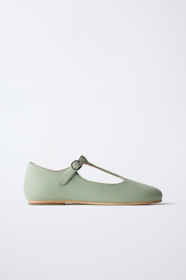 Zara LIMITED EDITION T-STRAP LEATHER BALLET FLATS - Green