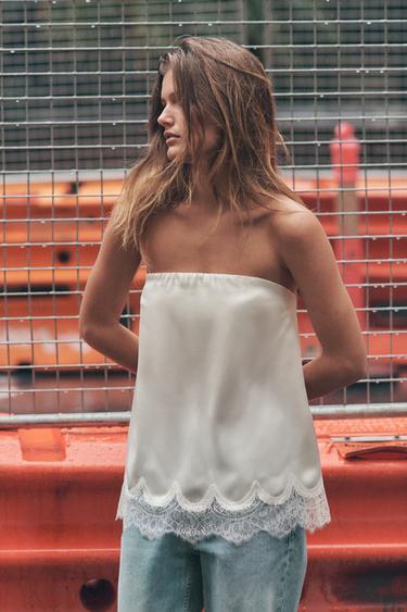 SATIN BANDEAU TOP WITH LACE - Oyster-white by Zara