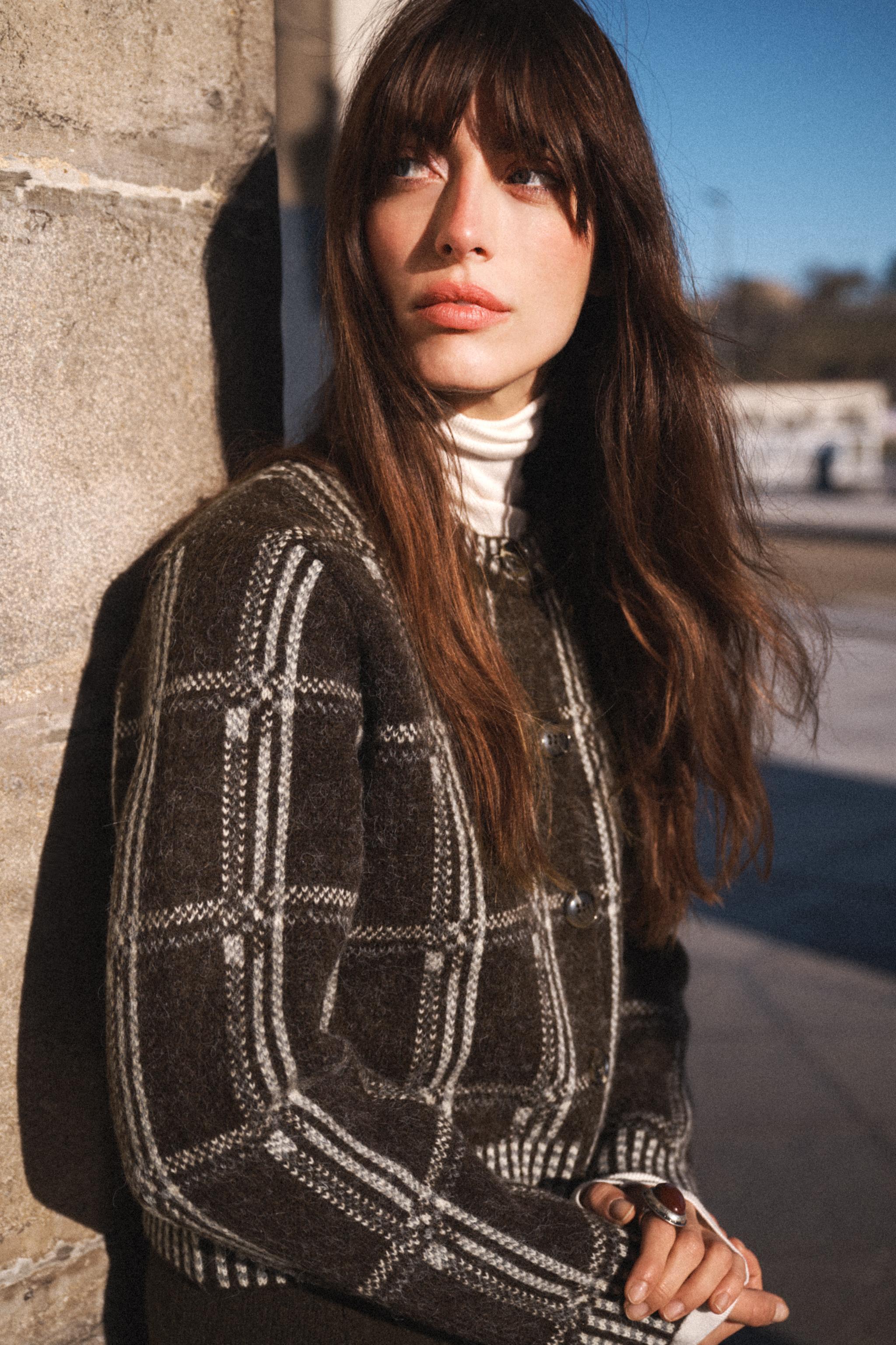 チェック柄ニットジャケット - ブラウン | ZARA Japan / 日本