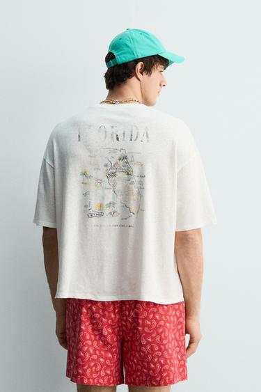 T-SHIRT DÉLAVÉ COTON ET LIN FLORIDE - Blanc de Zara - Image 2