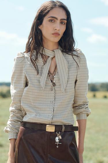 CHEMISE À CARREAUX AVEC NŒUD ÉDITION LIMITÉE - Beige clair de Zara - Image 1