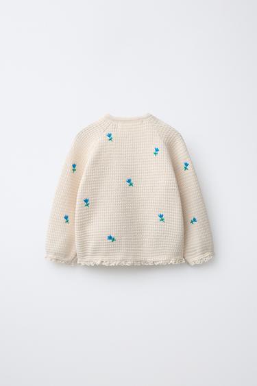 TEXTURED KNIT CARDIGAN WITH EMBROIDERED FLOWERS AND LACE TRIM - Ecru by Zara - Image 1
