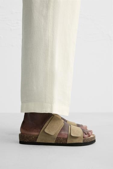 Zara DOUBLE STRAP LEATHER SANDALS - Beige - Image 0