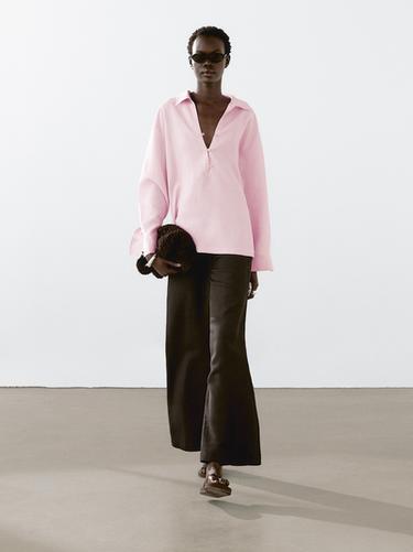 Pantalón cintura elástica con lino - Chocolate de Zara