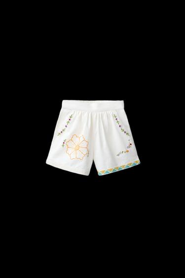 Zara EMBROIDERED FLORAL COTTON LINEN SHORTS - Ecru