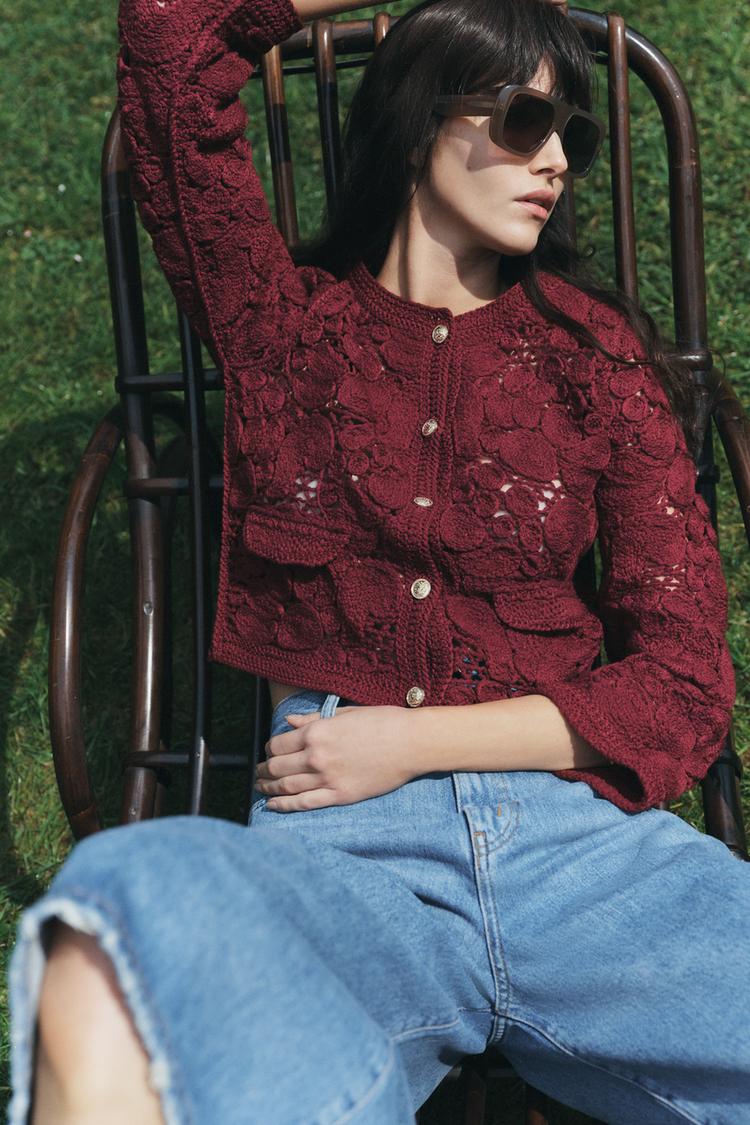 マクラメ ニットカーディガン - バーガンディ | ZARA Japan / 日本 