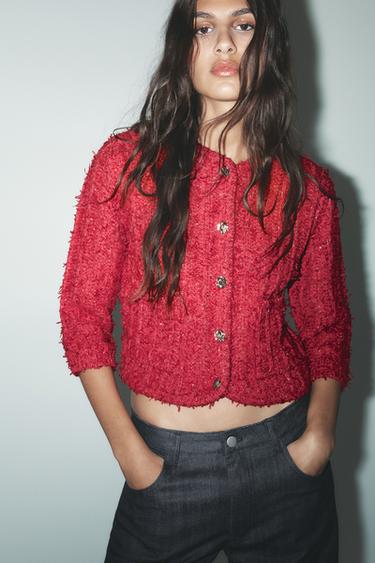 CASACO DE TRICÔ COM MANGA FRANCESA - Vermelho da Zara