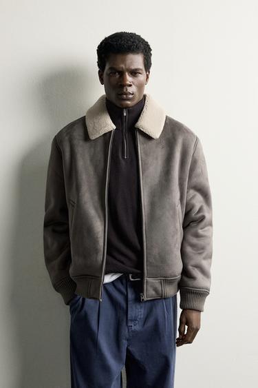 КОМБІНОВАНА КУРТКА З ЕФЕКТОМ ШКІРИ ТА ОВЧИНОЮ - Кротово-сірий Zara