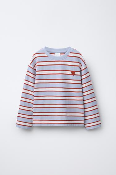 STRIPED T-SHIRT WITH HEART PATCH - Light blue by Zara - Image 0