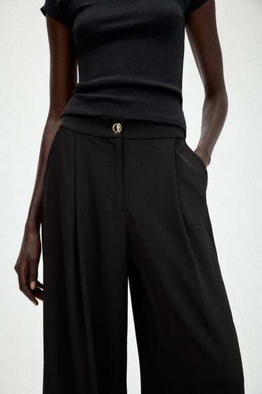 Zara GOLD BUTTON PALAZZO PANTS - Black