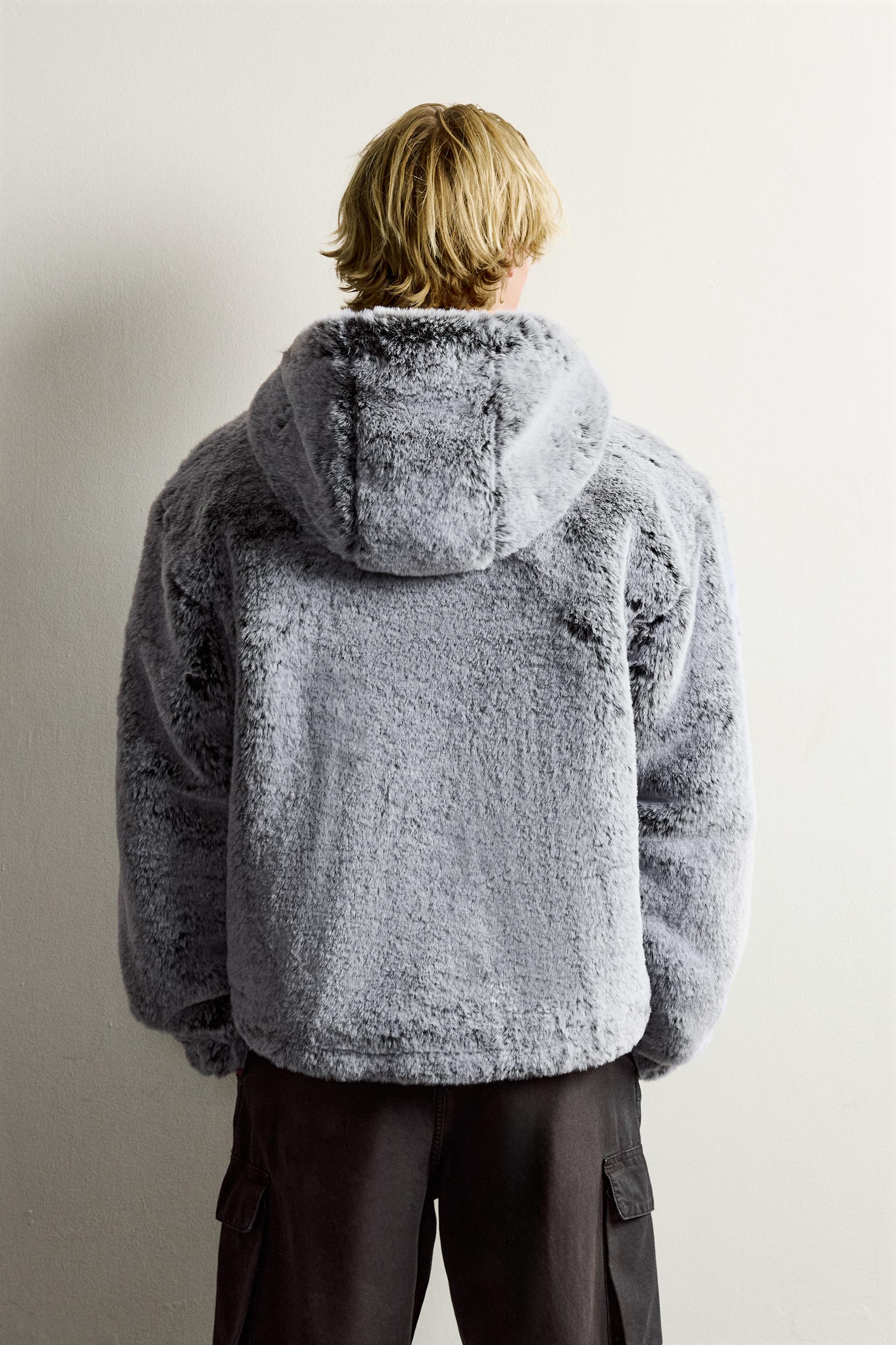 BLOUSON CROPPED FIT EFFET FOURRURE CAPUCHE