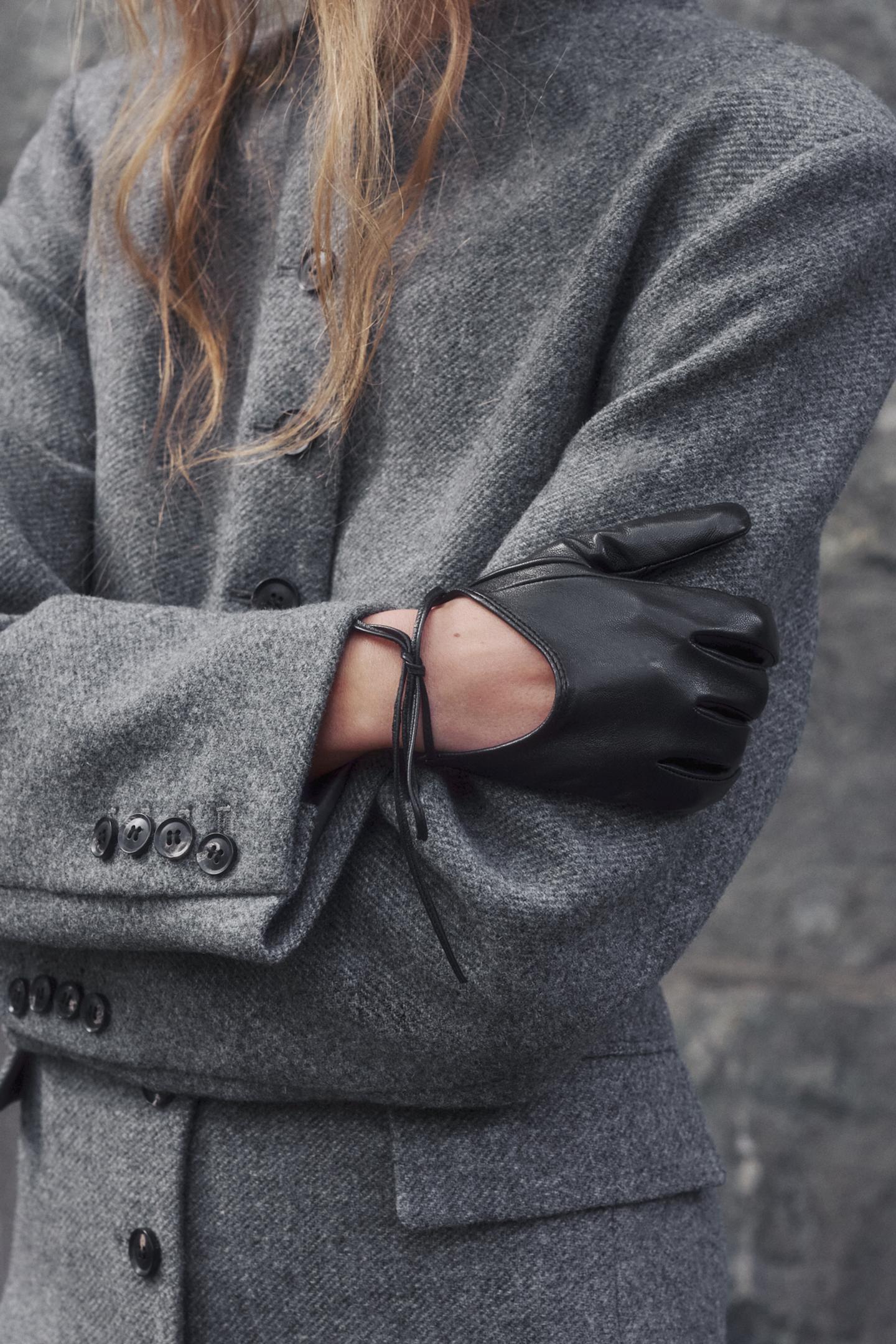 Женские перчатки Zara 100% Leather Short Gloves with Tie, цвет: Чёрный — фото 3