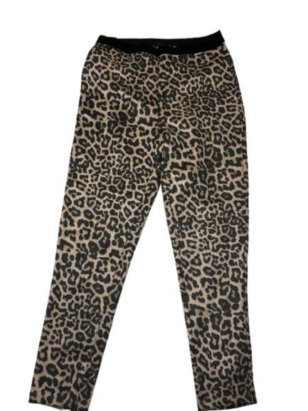 Leopard print trousers in brown and black tones on a white background.