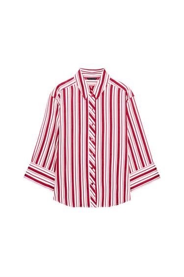 STRIPED SHIRT WITH TURN-UP SLEEVES - Red / White by Zara