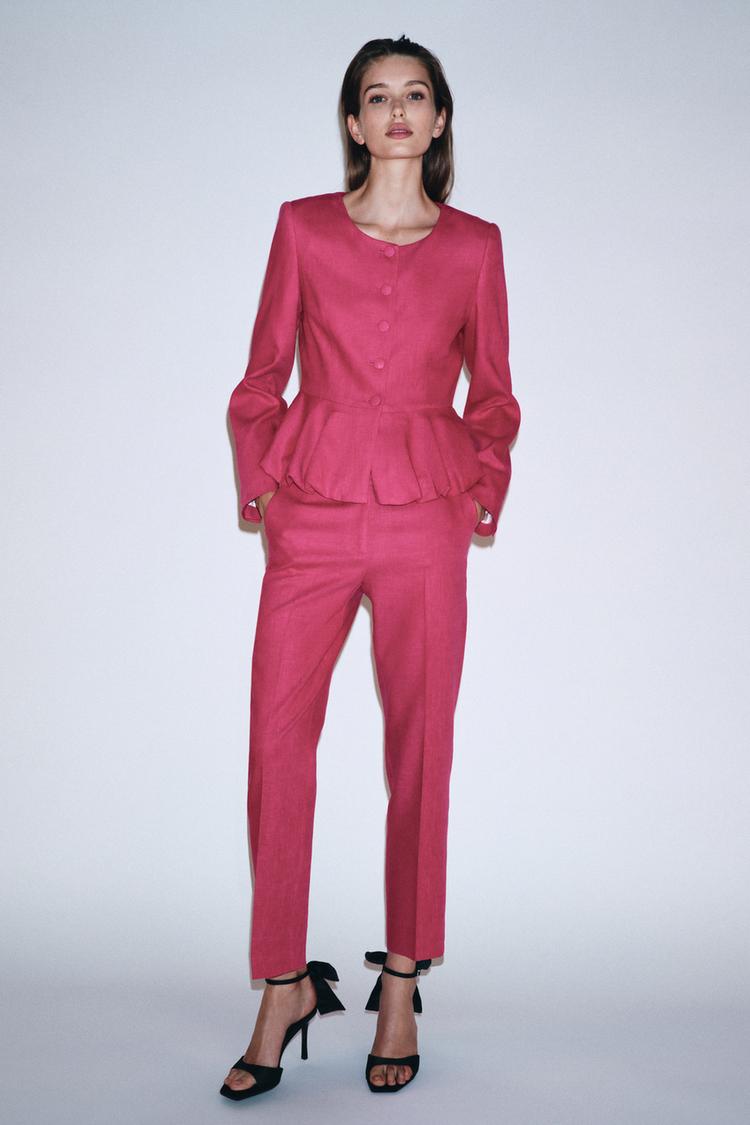 Chaleco Pantalon Rosa Fucsia Zara PANTALÓN SLIM TIRO ALTO CON LINO