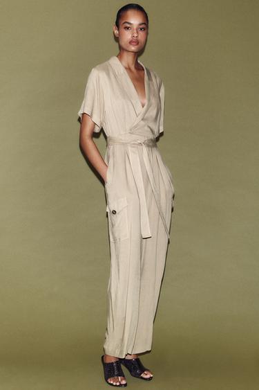 WRAP JUMPSUIT WITH BELT - Sand by Zara