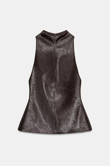 Zara FAUX LEATHER TOP - Dark brown