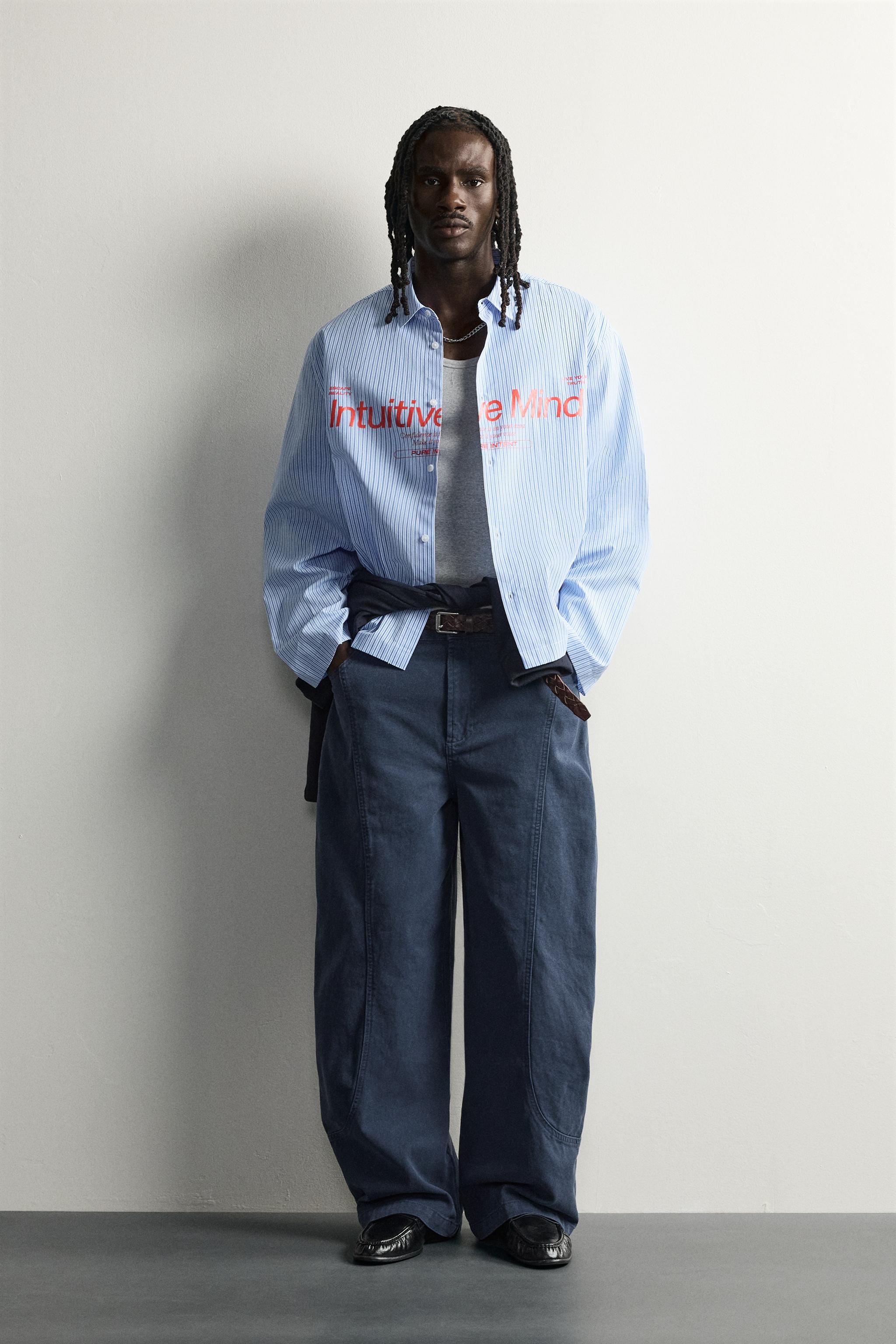 Zara ÇİZGİLİ YAZI BASKILI RELAXED FIT GÖMLEK