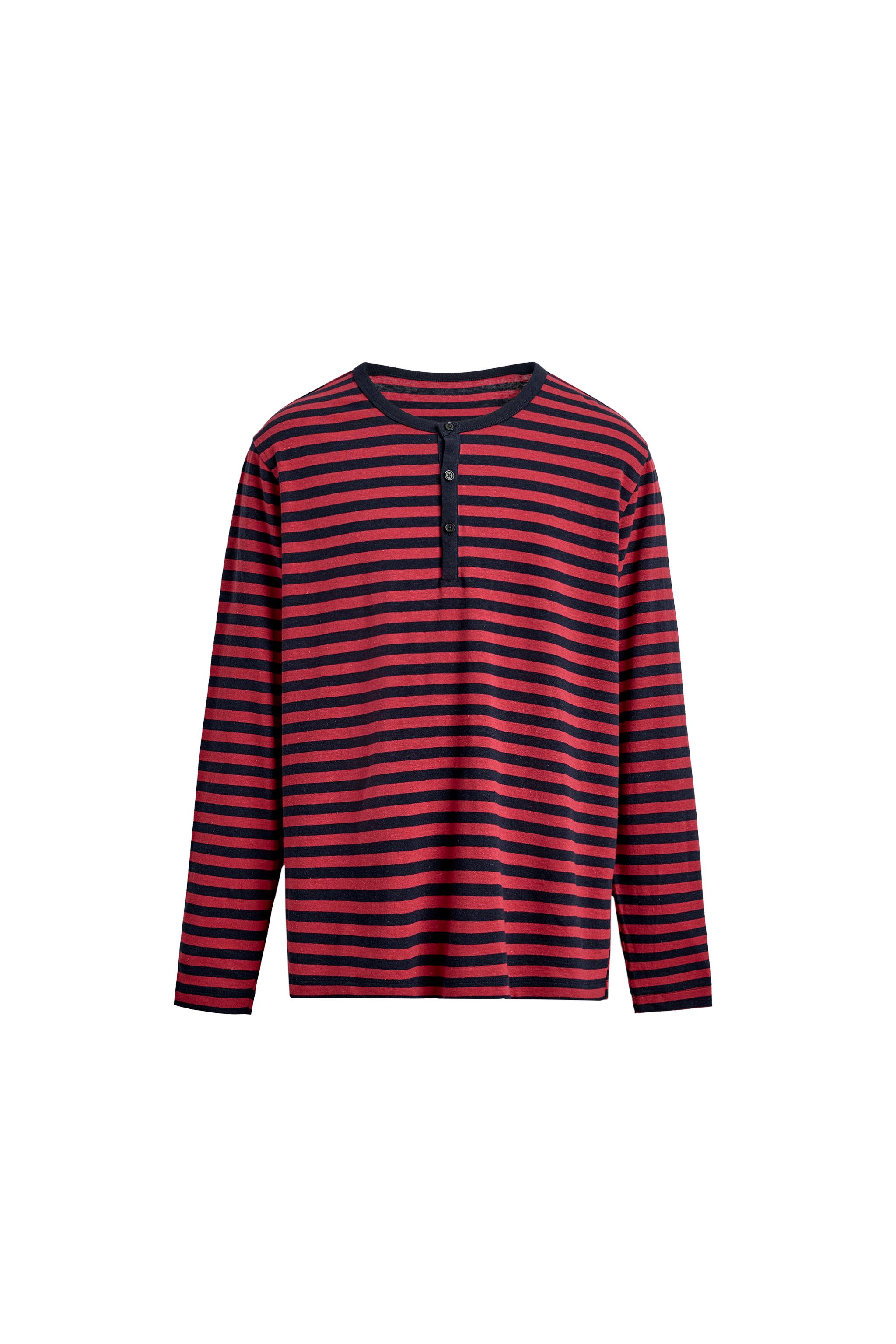 ÇİZGİLİ KETEN VE PAMUKLU DÜĞMELİ YAKA T-SHIRT