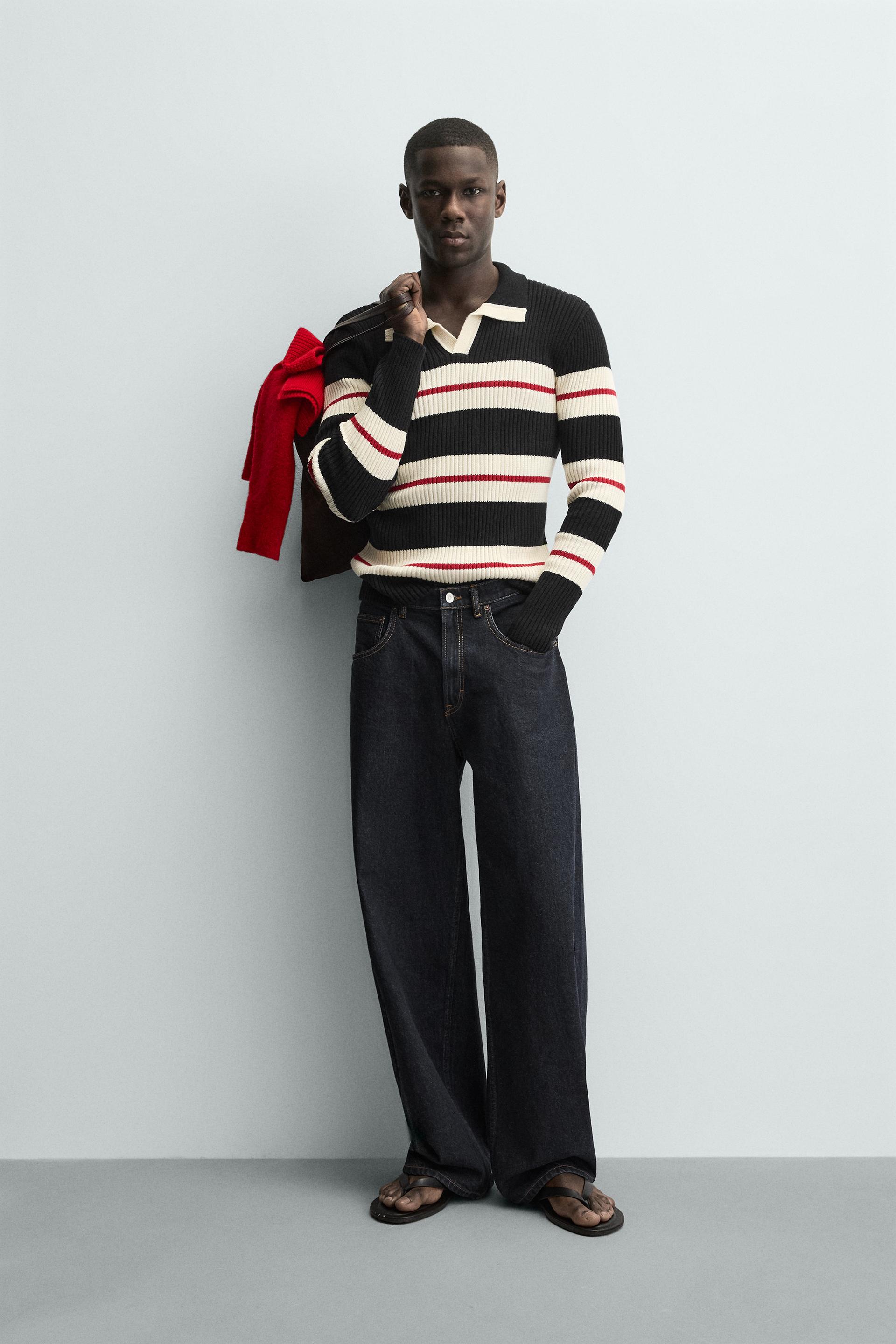 ZARA STRIPED JACQUARD KNIT POLO SHIRT