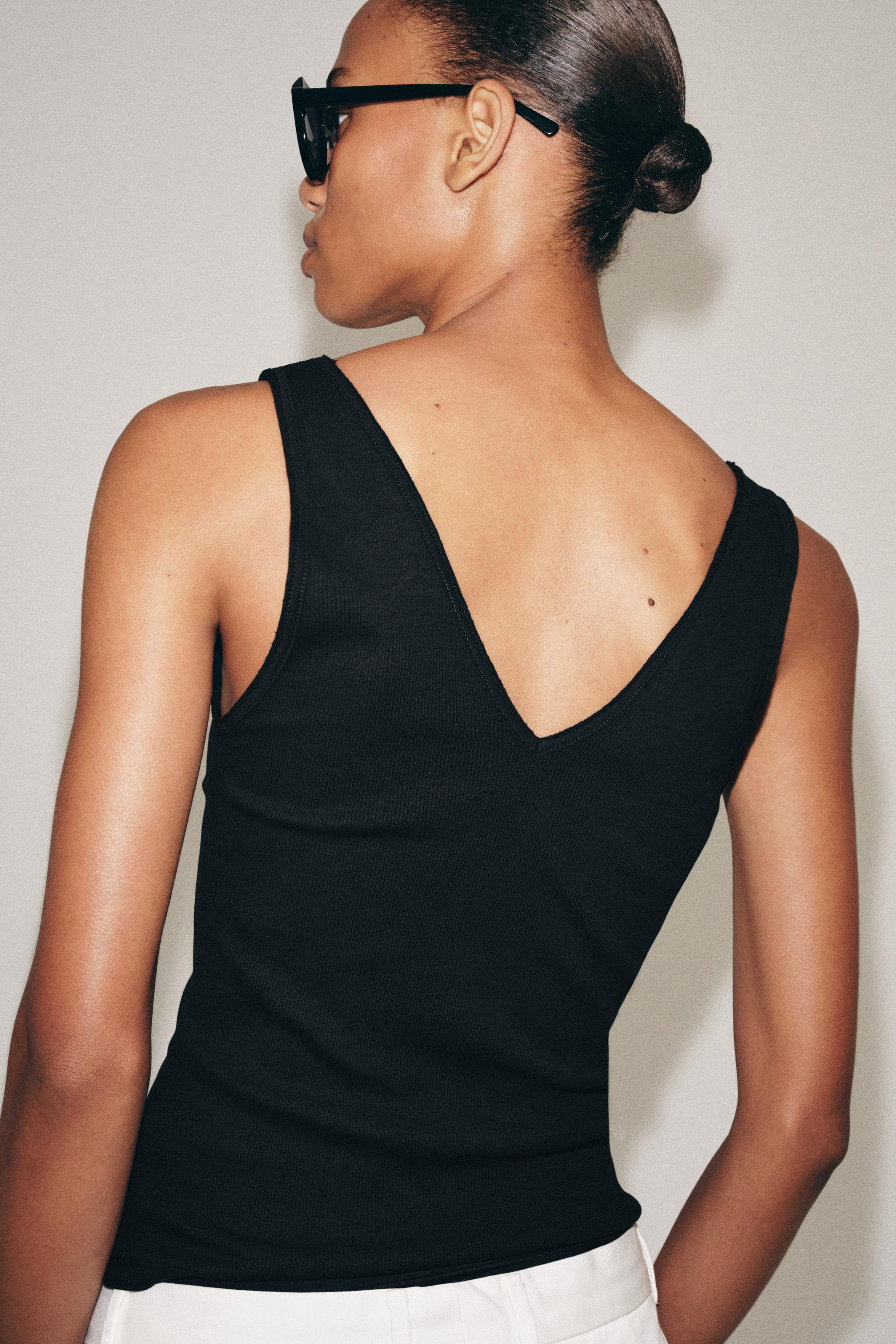 RIBBED V-NECK TANK TOP — Black