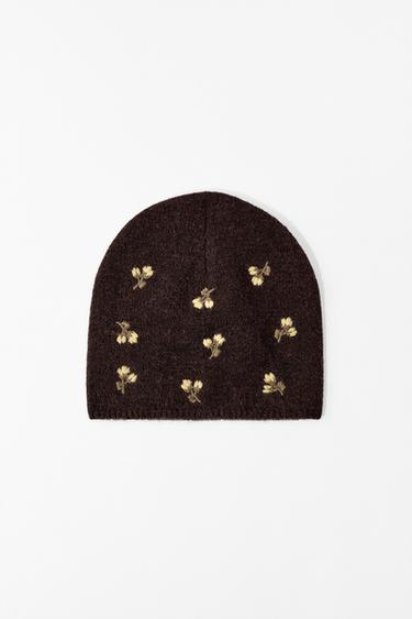 Zara FLORAL EMBROIDERED KNIT BEANIE HAT - Brown
