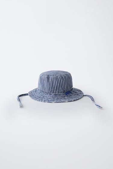 Zara STRIPED TWILL BUCKET HAT - Blue / White