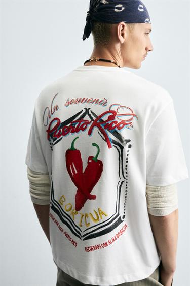 Zara COMBINED EMBROIDERY T-SHIRT - Oyster-white