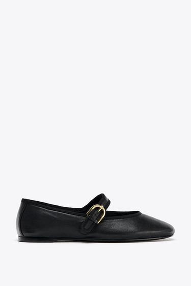 Zara LEATHER BALLET FLATS - Black - Image 0