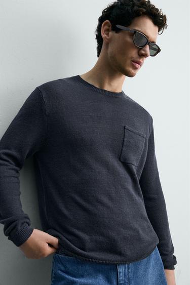 100% LINEN REGULAR FIT JUMPER - Navy blue by Zara - Image 4