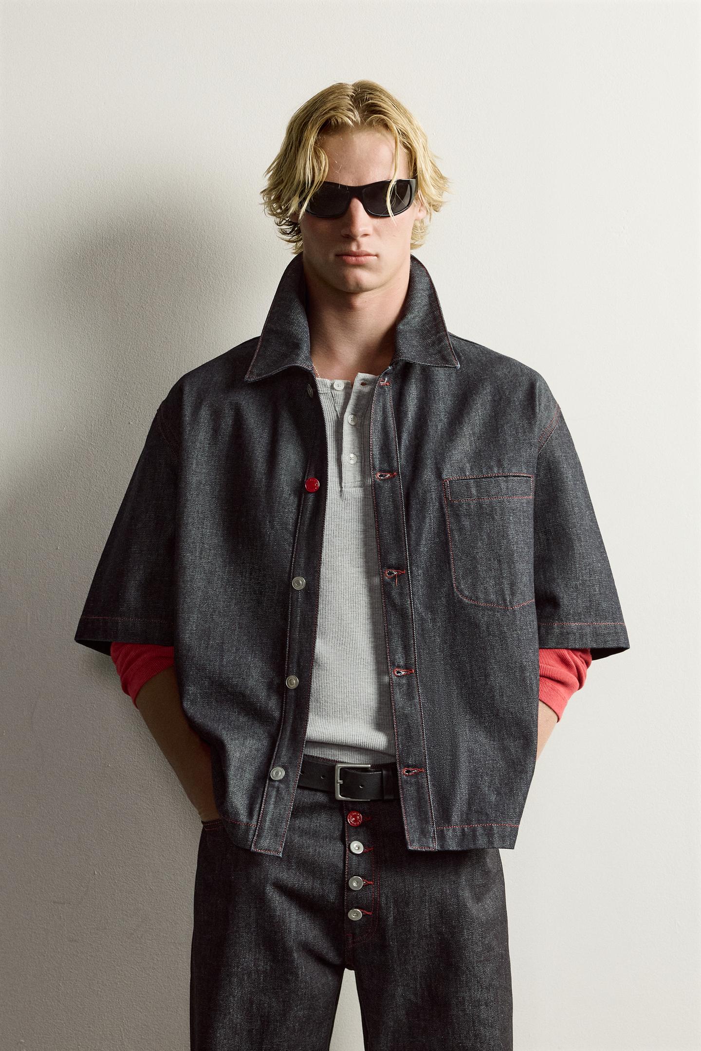 Мужская рубашка Zara Contrast Button Denim Overshirt, цвет: Индиго — фото 2