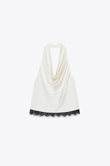 SATIN HALTERNECK-TOP MED BLONDE - råhvid fra Zara