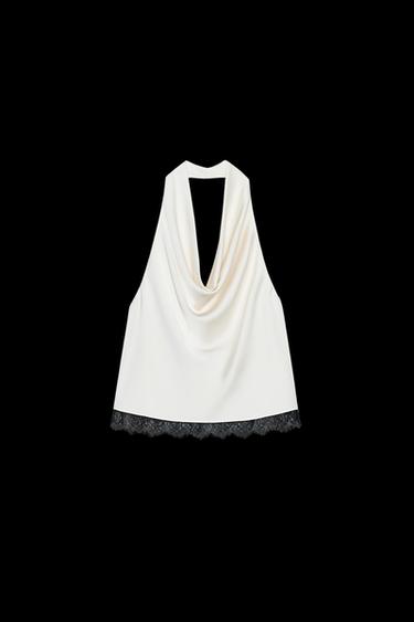 SATIN HALTER TOP WITH LACE - Ecru by Zara - Image 0